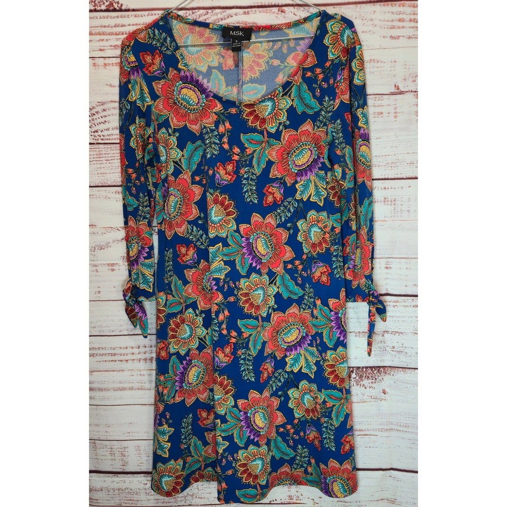MSK Women's Vibrant Floral‎ Print Long Sleeve Tie Cuff Dress Size Small
